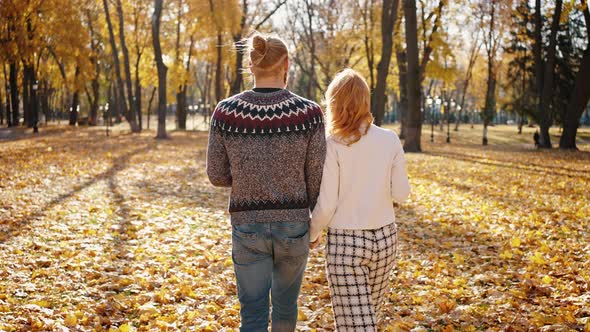 Back View of Unrecognizable Young Boyfriend and Girlfriend Walking in Golden Autumn Park Enjoying