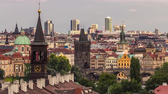 Aerial View of the Old Town Pier Architecture and Charles Bridge Over Vltava River Timelapse in