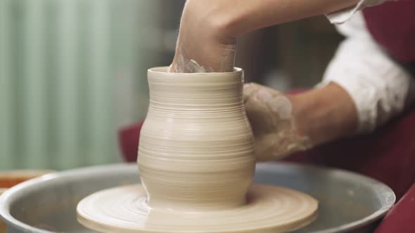 Clay Tableware Production the Man Potter Makes a Pitcher Out of Clay Closeup View Handicraft Pottery