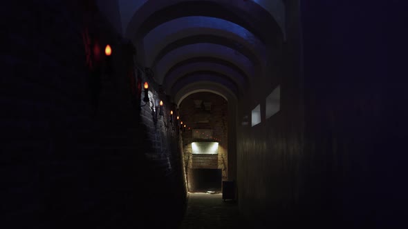 Dark Antique Brick Corridor with Dim Lighting Vaulted Ceiling in Castle