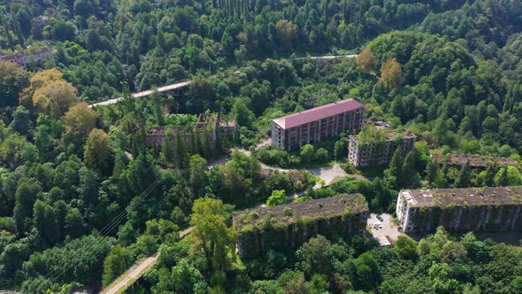 Ruined Lost Overgrown Mining Ghost Town Akarmara Consequences of War in Abkhazia Aerial View From