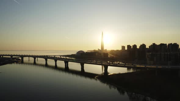 Aerial Sunset View of the Lahta Center and Buildings