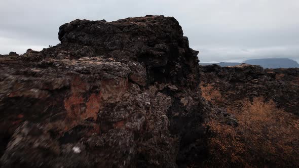 Drone Over Volcanic Rocks and Terrain of Dimmuborgir