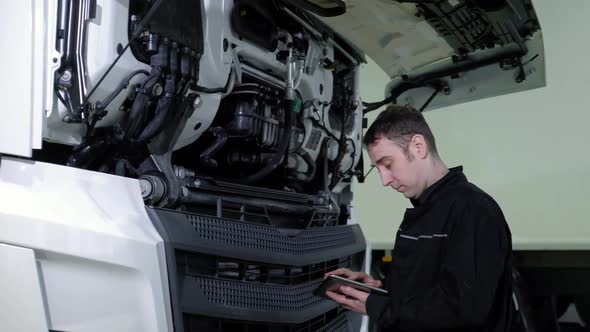 chief mechanical stands to truck uses tablet search for errors and writes data