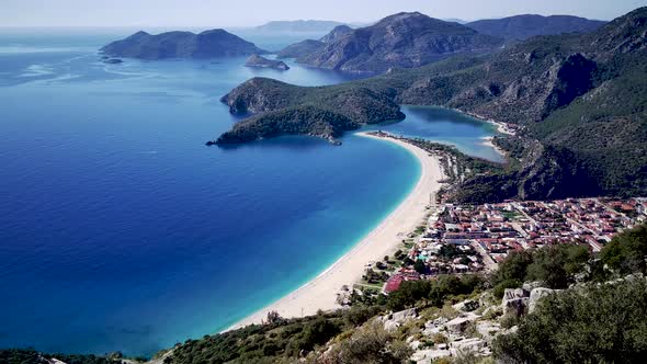 Amazing beautiful panoramic view from drone of Oludeniz Blue lagoon beach in Fethiye in Mugla