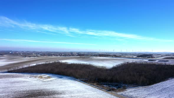 Wintry Landscape Near Wine Quarter In Zistersdorf In Lower Austria. wide aerial drone