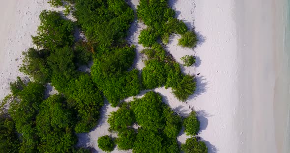 Beautiful drone travel shot of a white sandy paradise beach and aqua blue water background in 4K