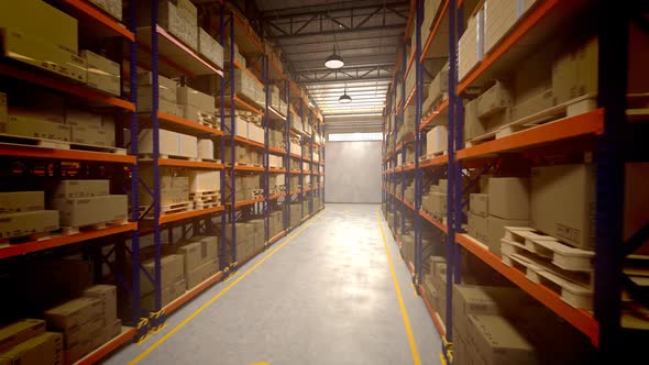 Walk through the warehouse alley with endless packages amount. Loopable. HD