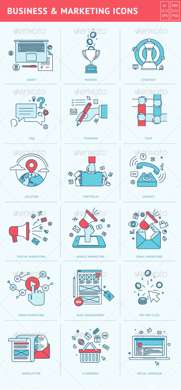 Flat Line Icons for Business and Marketing