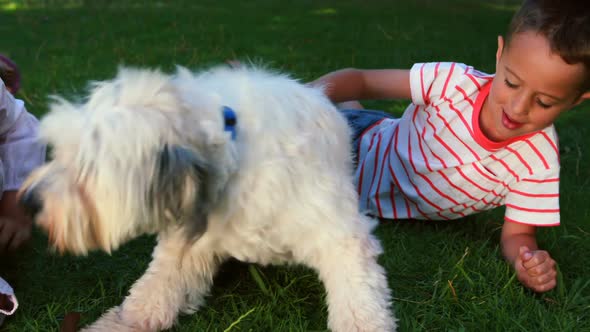 Siblings sitting with their pet dog in park