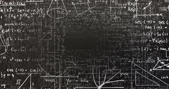 Mathematical equations and diagrams moving against black background alt