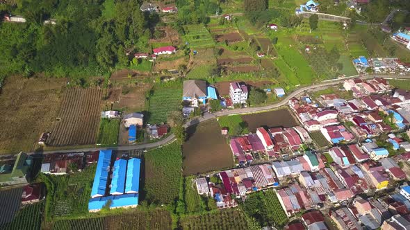 Aerial wide view of green natural village in North Sumatera, Asia with houses surrounded by vegetabl