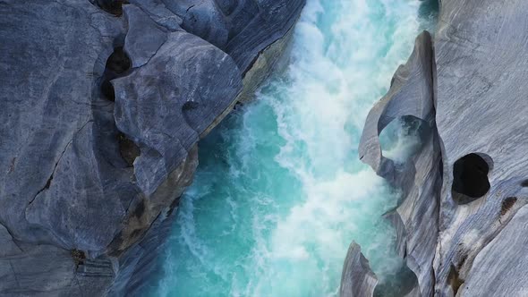 Drone Flight above mountain river Glomaga, Marmorslottet, Mo i Rana,Norway