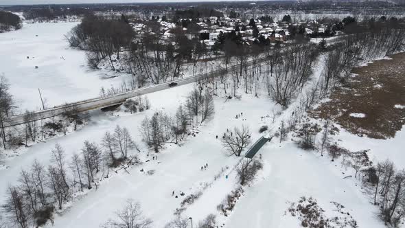 Aerial of Ice Skaters on Richardson Creek,Green Ribbon Trail, St Catharines, Ontario Canada