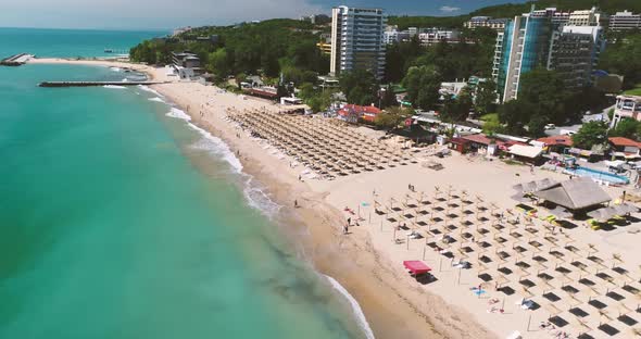 beach in Golden Sands, Zlatni Piasaci. Popular summer resort near Varna, Bulgaria