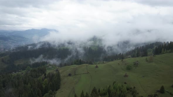 Ukraine, Carpathians: Fog in the Mountains. Aerial.