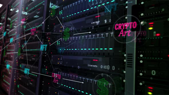 NFT Crypto Art symbols on servers room in background loop