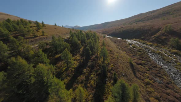 Aerial View Helicopter Speed Movement Natural Mountain River with Water Flow Autumn Sunny Valley