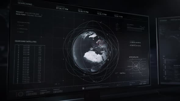 Tracking target in Finland with satellite data. Shots of terrain and coordinates alt