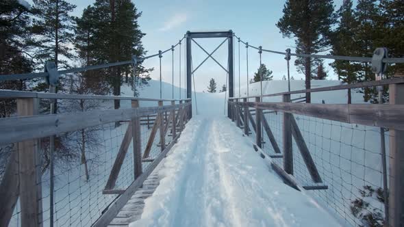 Frozen Wooden Bridge River. Norwey