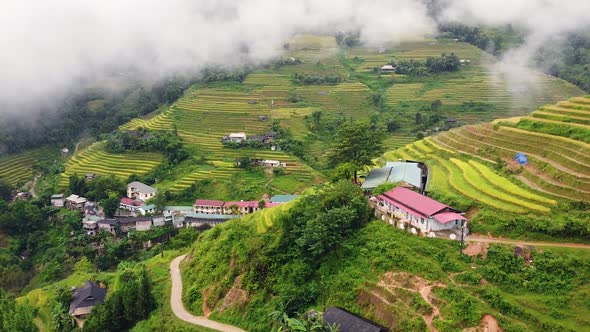 Aerial View Majestic Countryside Village Rice Terraces Mountains