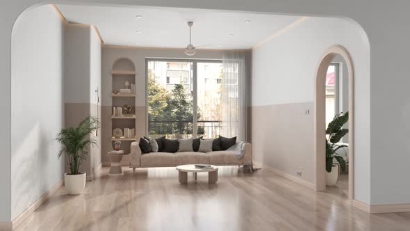 Modern Living Room Interior With Sofa, Coffee Table, Parquet Floor And Garden View From The Window