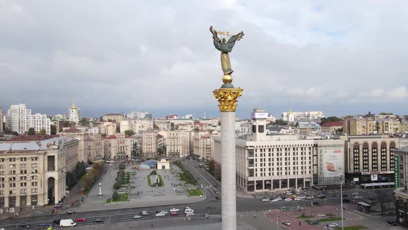 The Symbol of Kyiv Ukraine  Independence Square Aerial View Slow Motion