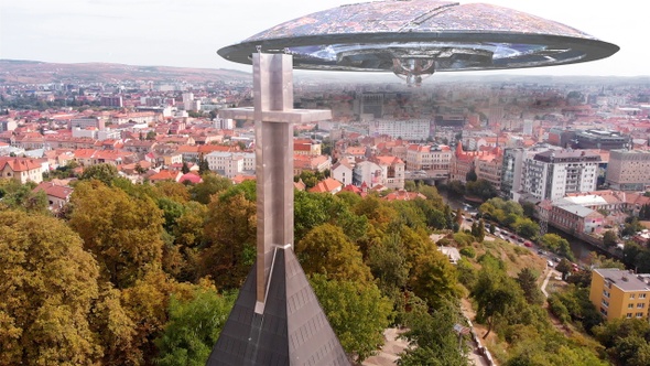 Alien ufo flying Saucers over Large City in Europe, Aerial