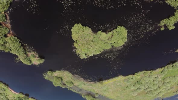 Beautiful Green Heart Shaped Island in the Middle of River Bed Aerial View