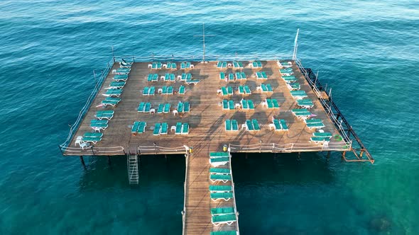 Empty pier by the sea aerial view 4 K Turkey Alanya