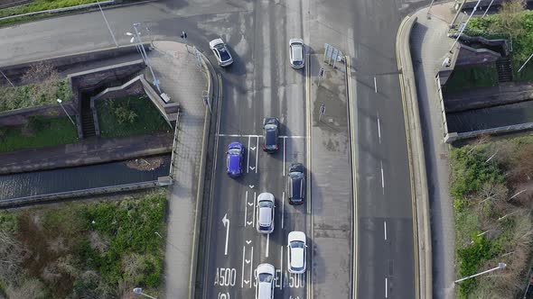 Aerial footage of the A50, A500 motorway, dual carriage way in the heart of the city of Stoke on Tre