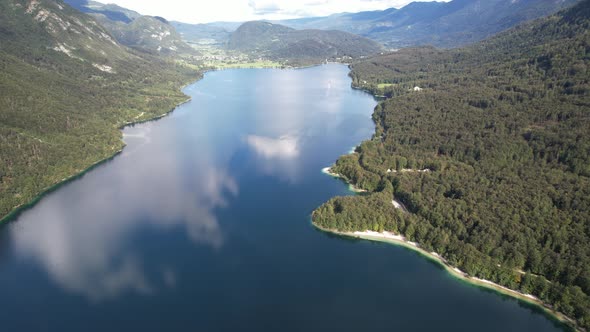 Aerial view on Bohinj lake between mountains with forest in Slovenia, Europe