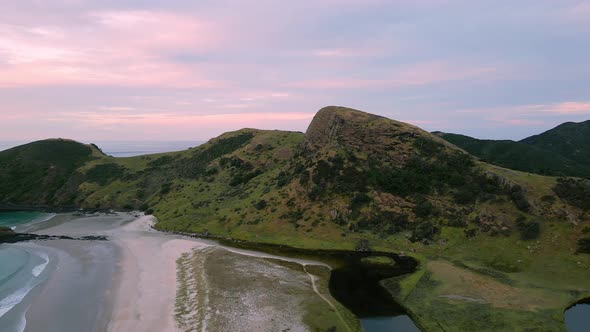 Stunning View Of Maungapiko Hill Near Spirits Bay Campsite In North Island, New Zealand. Aerial Dron