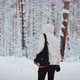 A Tourist in the Forest Looks Back at the Scenery in the Winter Forest and Walks - VideoHive Item for Sale