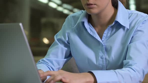 Concentrated Company Worker Eyeglasses Typing Computer, Night Overtime, Deadline