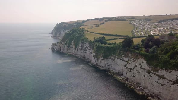 Spectacular aerial view of cliffs near the village of Beer. Jurassic Coast, English first natural Wo