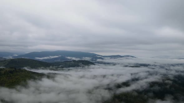 Mountain Fog Time Lapse. Carpathians. Ukraine. Aerial. Gray, Flat, No Color.