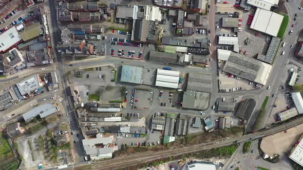 Top down aerial footage of the British town of Wakefield in West Yorkshire in the UK