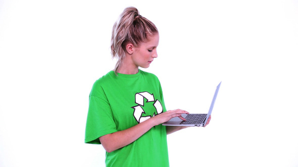 Young Blonde Environmental Activist Using Notebook