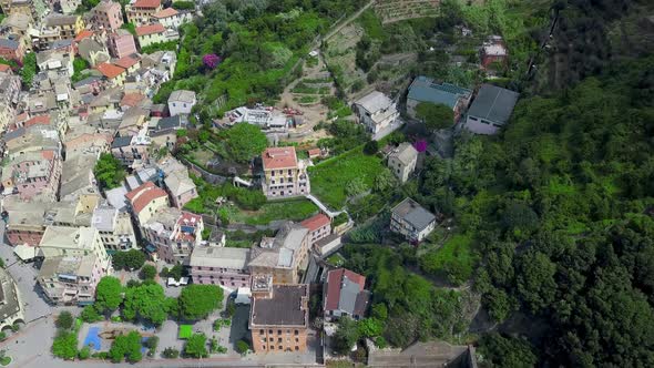 Panorama view of Monterosso al Mare.Panoramic drone view of railway and village.Unesco Heritage.4K