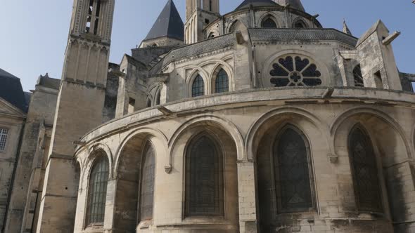 Gothic architecture details of  Mens Abbey  in Normandy France by the day 4K 3840X2160 slow tilt Ult