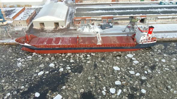 Cargo ship in winter port