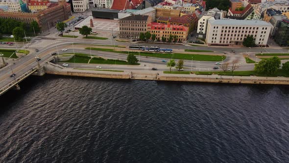 Drone View of the Daugava River and the City of Riga Cityscape Latvia
