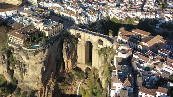 Ronda Spain in the province of Málaga with Puente Nuevo arch bridge joining the villages, Aerial til