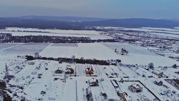 The aerial a residential village area after a snow storm in landscape