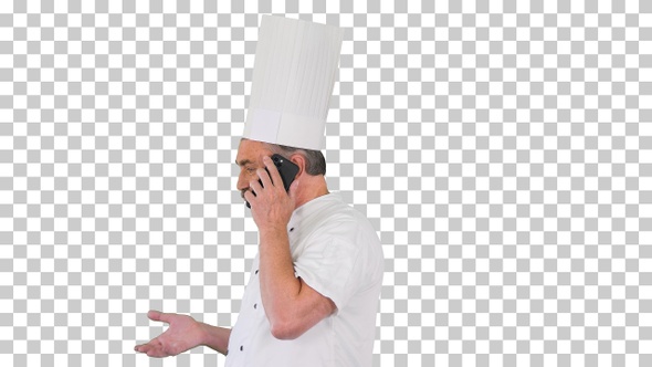 Male chef cook with calling on smartphone, Alpha Channel