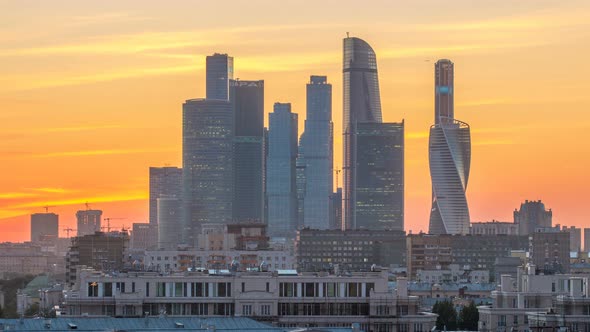 Moscow International Business Center and Moscow Urban Skyline After Sunset Day To Night Timelapse