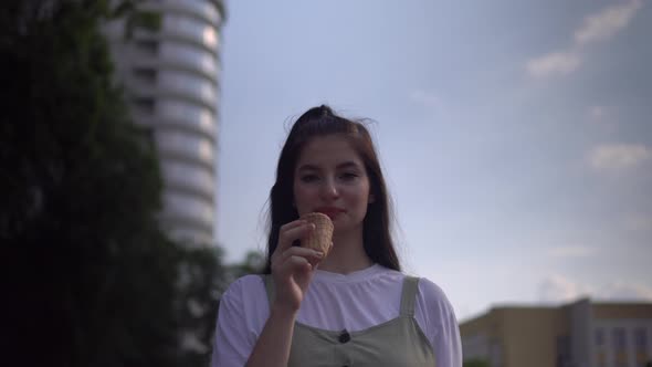 Summer Walking at City Park Attractive Happy Woman Eating Ice Cream Close Up