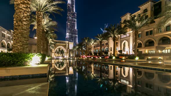 Entrance of Hotels Offices and Souk Near Burj Khalifa the Tallest Building in the World Timelapse in