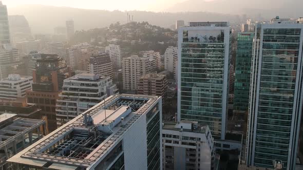 Aerial drone panorama shot hovering above the city, Santiago Chile
